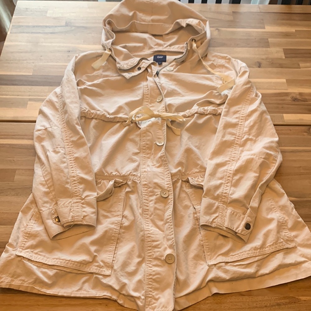 Gap Women’s Utility Khaki 100% Cotton Tiered Long Coat with Hood - Size S